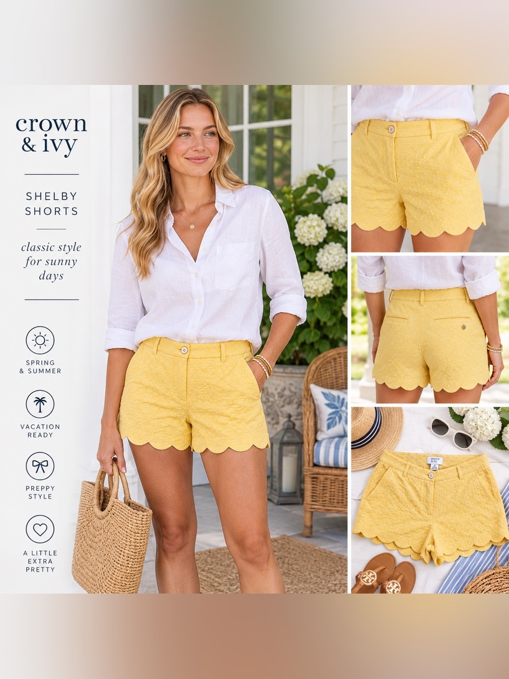 Crown & Ivy Shelby Yellow Scalloped Shorts Womens 10 Textured Preppy